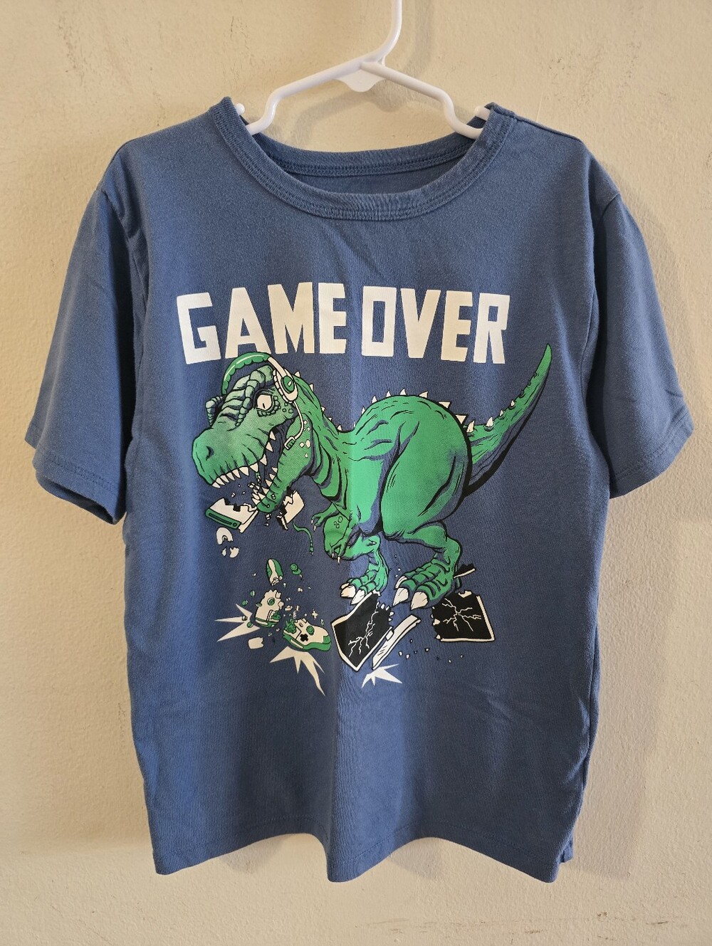 Children’s Place Boys T Shirt M 7/8 Blue Game Over Dinosaur Graphic Gaming Tee